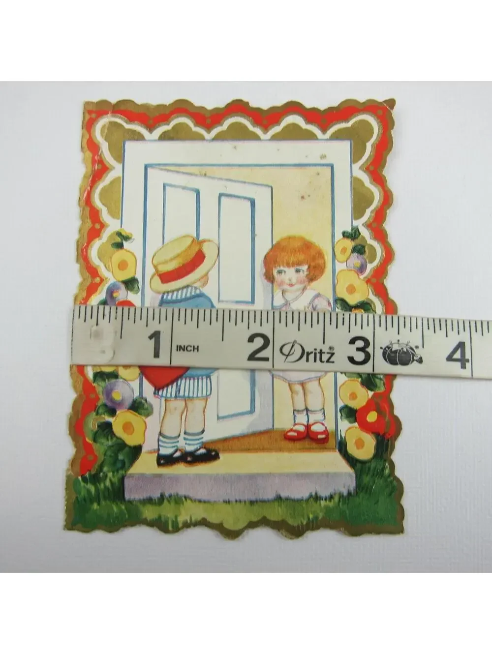 Vintage Valentine Card Die cut Bifold Redhead Girl Boy at Door Flowers Embossed
